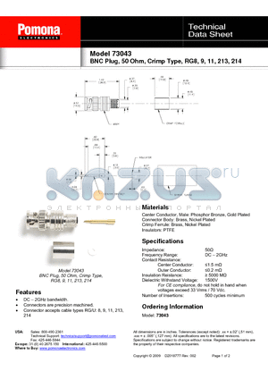 73043 datasheet - BNC Plug, 50 Ohm, Crimp Type, RG8, 9, 11, 213, 214