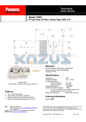 73051 datasheet - N Type Plug, 50 Ohm, Clamp Type, RG8, 213