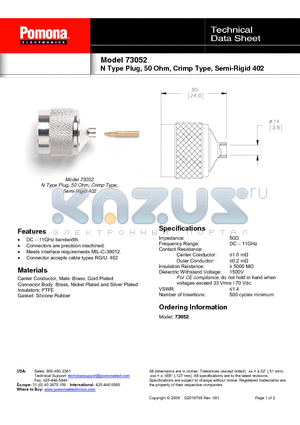 73052 datasheet - N Type Plug, 50 Ohm, Crimp Type, Semi-Rigid 402