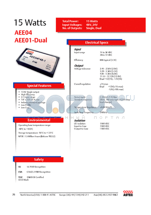 AEE04G48-197 datasheet - Total Power: 15 Watts, Input Voltages: 48V, 24V, No. of Outputs: Single, Dual