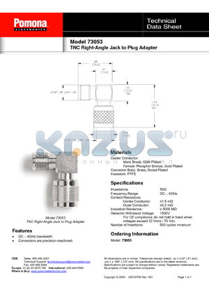 73053 datasheet - TNC Right-Angle Jack to Plug Adapter