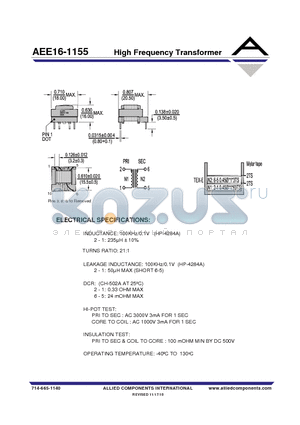 AEE16-1155-RC datasheet - High Frequency Transformer