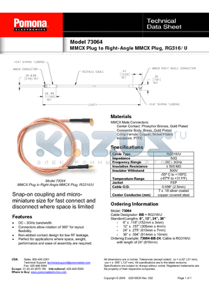 73064 datasheet - MMCX Plug to Right-Angle MMCX Plug, RG316/U