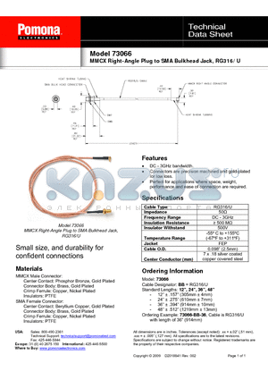 73066 datasheet - MMCX Right-Angle Plug to SMA Bulkhead Jack, RG316/U