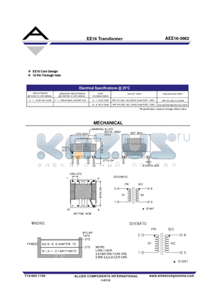 AEE16-3662 datasheet - EE16 Transformer