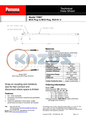 73067 datasheet - MCX Plug to MCX Plug, RG316/U