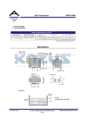 AEE16-3668 datasheet - EE16 Transformer