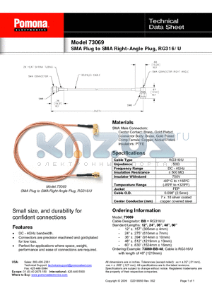 73069 datasheet - SMA Plug to SMA Right-Angle Plug, RG316/U