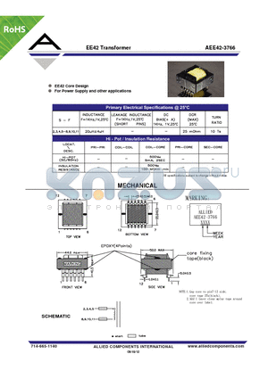 AEE42-3766 datasheet - EE42 Transformer