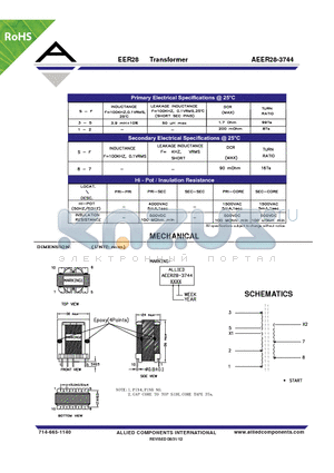 AEER28-3744 datasheet - EER28 Transformer