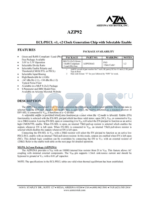 AZP92 datasheet - ECL/PECL 1, 2 Clock Generation Chip with Selectable Enable