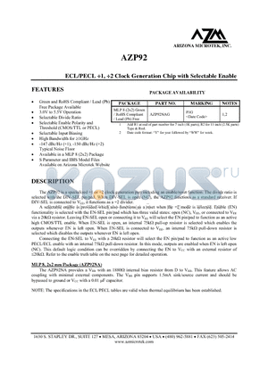 AZP92_09 datasheet - ECL/PECL 1, 2 Clock Generation Chip with Selectable Enable