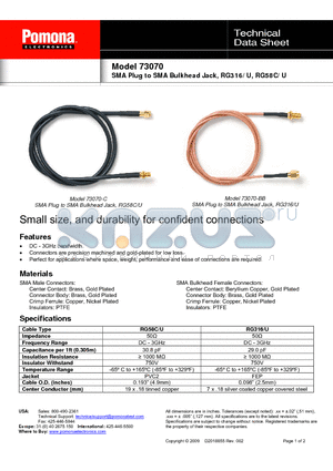 73070 datasheet - SMA Plug to SMA Bulkhead Jack, RG316/U, RG58C/U