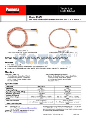 73071 datasheet - SMA Right-Angle Plug to SMA Bulkhead Jack, RG142B/U, RG316/U