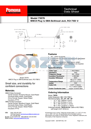 73078 datasheet - MMCX Plug to SMA Bulkhead Jack, RG178B/U