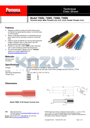 73084 datasheet - Terminal Jacks, Male Threads 6-32, 8-32, 10-32, Female Threads 10-32