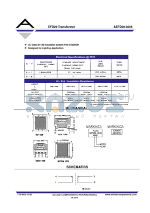 AEFD20-3645 datasheet - EFD20 Transformer