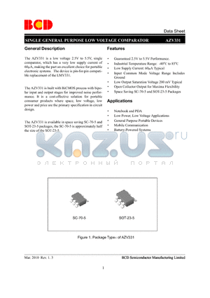 AZV331KTR-E1 datasheet - SINGLE LOW VOLTAGE RAIL-TO-RAIL OUTPUT OPERATIONAL AMPLIFIER