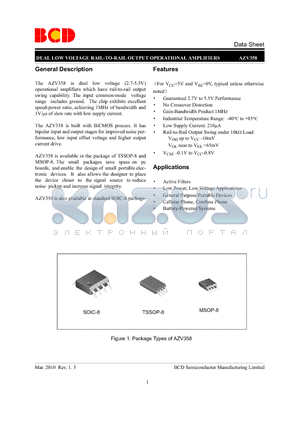 AZV358M-E1 datasheet - DUAL LOW VOLTAGE RAIL-TO-RAIL OUTPUT OPERATIONAL AMPLIFIERS