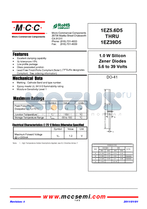 1EZ17D5 datasheet - 1.0 W Silicon Zener Diodes 5.6 to 39 Volts