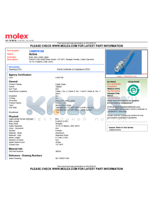 36256 datasheet - Deluxe Cord Grips Strain Relief, 1/2