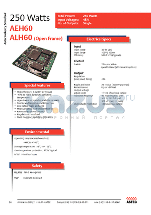 AEH60K48 datasheet - Total Power: 250 Watts, Input Voltages: 48 V, No. of Outputs: Single