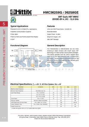 362S8GE datasheet - SMT GaAs HBT MMIC DIVIDE-BY-4, DC - 12.0 GHz