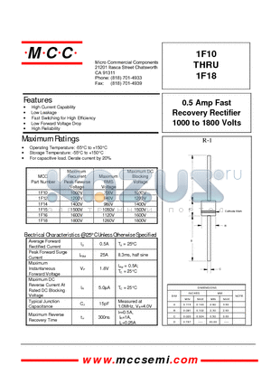 1F14 datasheet - 0.5 Amp Fast Recovery Rectifier 1000 to 1800 Volts