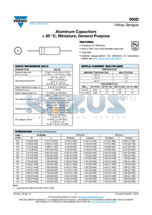 500D datasheet - Aluminum Capacitors  85 `C, Miniature, General Purpose