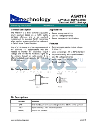 AQ431R datasheet - 2.5V Shunt Ref/Amplifier TO-92 and SOT23 Package