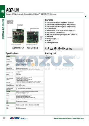 AQ7-LN-D10 datasheet - Qseven CPU Module with Onboard Intel Atom N450/N455 Processor