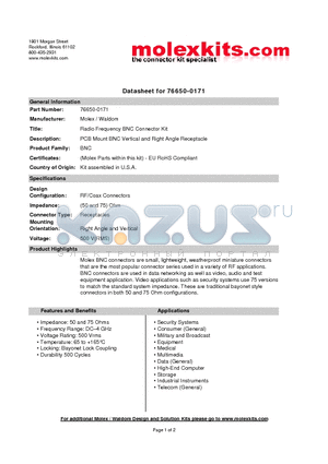 73131-5013 datasheet - PCB Mount BNC Vertical and Right Angle Receptacle