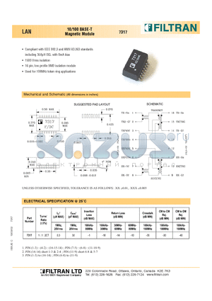 7317 datasheet - LAN 10/100 BASE-T Magnetic Module
