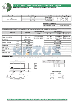 AEL67133AI datasheet - 5.0 x 3.2mm Low Current SMD Oscillators - Type 671