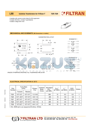 7329 datasheet - LAN Isolation Transformers for 10 Base-T