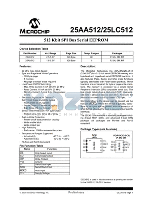 25LC512T-1/SN datasheet - 512 Kbit SPI Bus Serial EEPROM