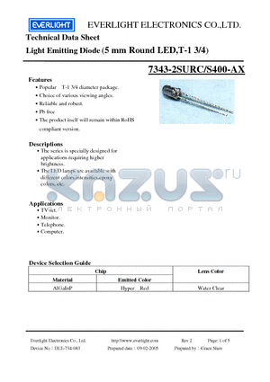 7343-2SURC-S400-AX datasheet - Light Emitting Diode (5 mm Round LED,T-1 3/4)