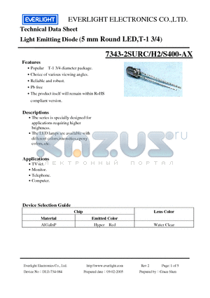 7343-2SURC/H2/S400-A6 datasheet - Light Emitting Diode (5 mm Round LED,T-1 3/4)