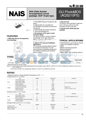 AQS210PSX datasheet - DAA (Data Access Arrangement) circuit package. SOP 16-pin type.