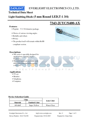 7343-2UYC-S400-AX datasheet - Light Emitting Diode (5 mm Round LED,T-1 3/4)