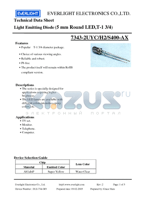 7343-2UYC/H2/S400-A6 datasheet - Light Emitting Diode (5 mm Round LED,T-1 3/4)