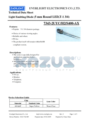 7343-2UYC/H2/S400-A8 datasheet - Light Emitting Diode (5 mm Round LED,T-1 3/4)