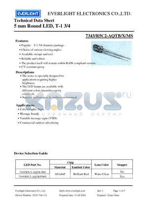 7343-R5C2-AQTB datasheet - 5 mm Round LED, T-1 3/4