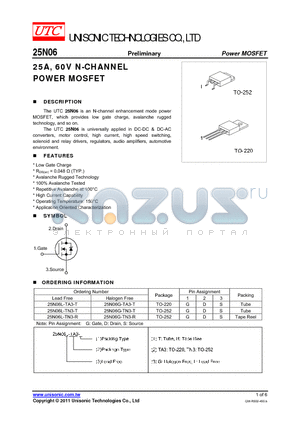25N06G-TN3-T datasheet - 25A, 60V N-CHANNEL POWER MOSFET