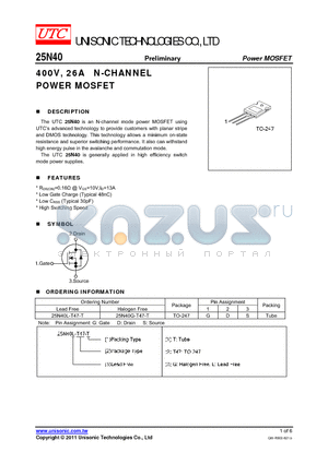 25N40G-T47-T datasheet - 400V, 26A N-CHANNEL POWER MOSFET