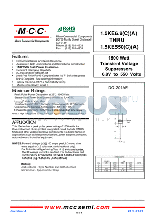 1.5KE9.1A datasheet - 1500 Watt Transient Voltage Suppressors 6.8V to 550 Volts