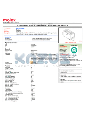 A-30069-04C1 datasheet - 4.20mm (.165) Pitch Mini-Fit TPA Header, Dual Row, Vertical, with Snap-in Plastic Peg PCB Lock, 6 Circuits, Gold (Au) Plating, without Drain Holes