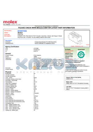 A-30069-04C1 datasheet - 4.20mm (.165) Pitch Mini-Fit TPA Header, Dual Row, Vertical, with Snap-in Plastic Peg PCB Lock, 4 Circuits, Tin (Sn) Plating, without Drain Holes