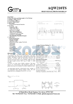 AQW210TS datasheet - HIGH VOLTAGE, PHOTO MOS RELAY