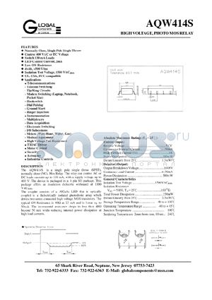 AQW414S datasheet - HIGH VOLTAGE, PHOTO MOS RELAY